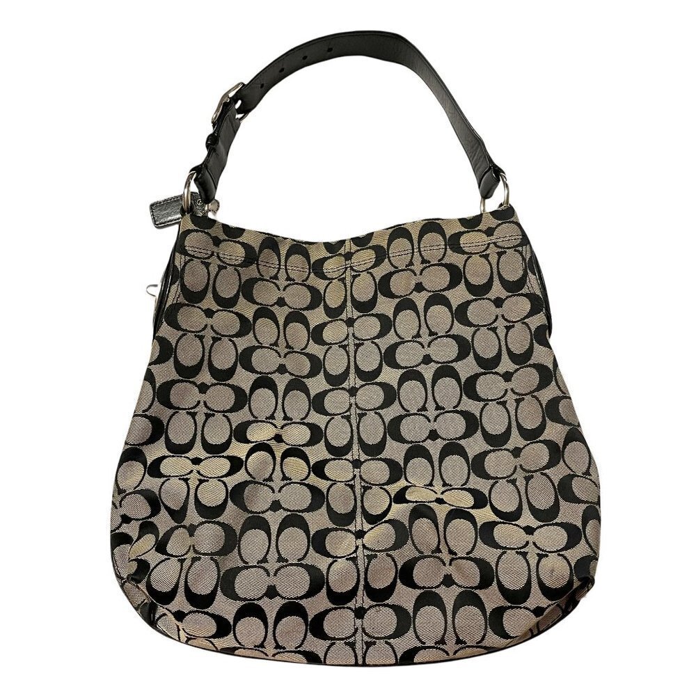 Coach Black Leather Fabric F16538 Penelope Monogram Signature Hobo Bag Purse